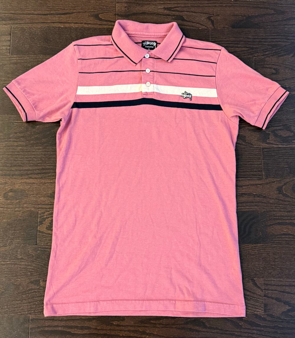 Stussy Pink Striped Polo Shirt With Embroidered Logo